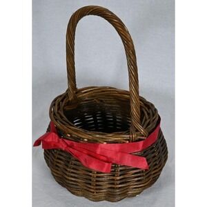 Vintage Lillian Vernon Round Wicker Rattan Woven Basket w/ Red Ribbon